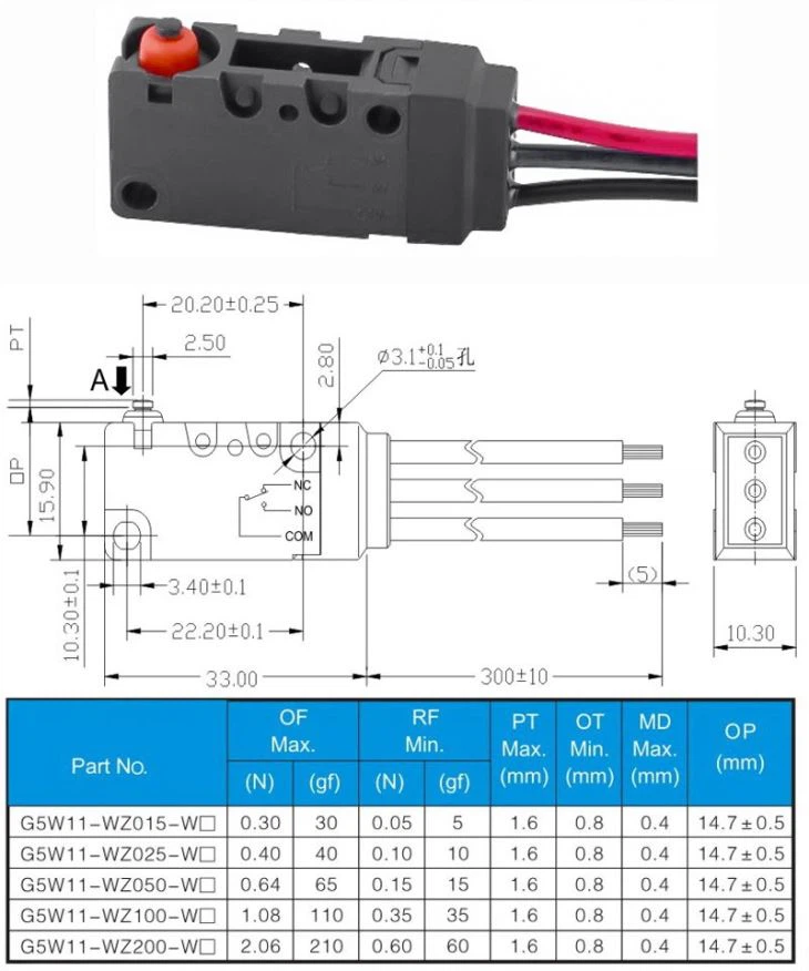 G5 Series Sealed Micro Switch With Wire G5W11-WXX