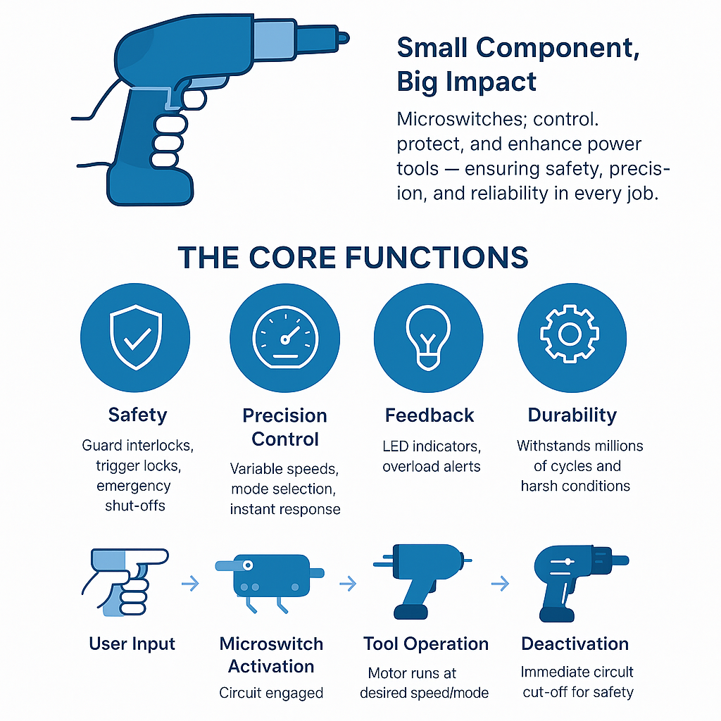 Microswitches control, protect, and enhance power tools — ensuring safety, precision, and reliability in every job